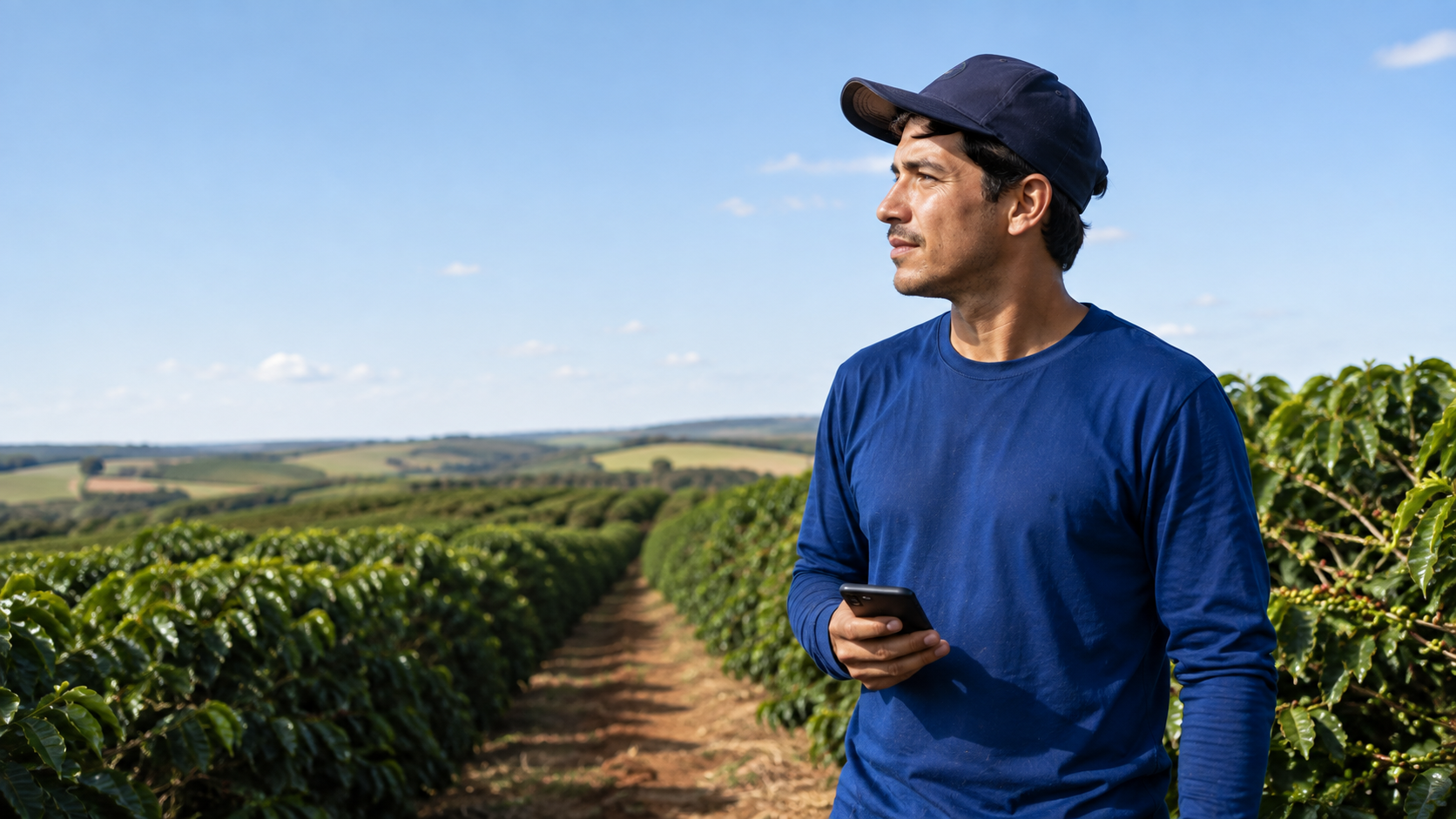 Produtor rural em lavoura de café conferindo informações no celular